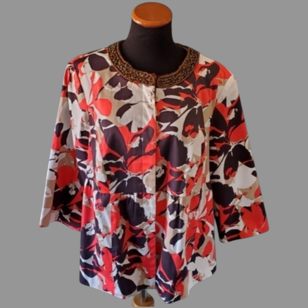Lane Bryant 16 Bohemian Hawaiian Tropical Floral Resortwear Beaded Peplum Blazer - Picture 16 of 16